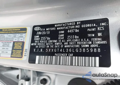 2020 Kia Optima Lx из США, поврежденный, VIN 5XXGT4L36LG385988